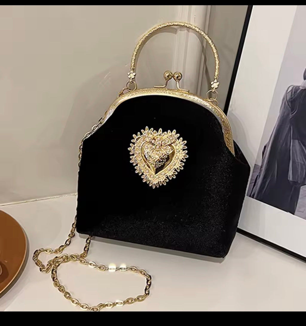 ✨ Black & Gold Heart Embellished Handbag