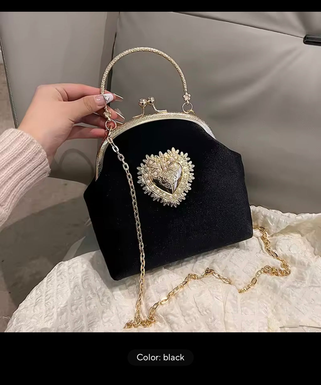 ✨ Black & Gold Heart Embellished Handbag