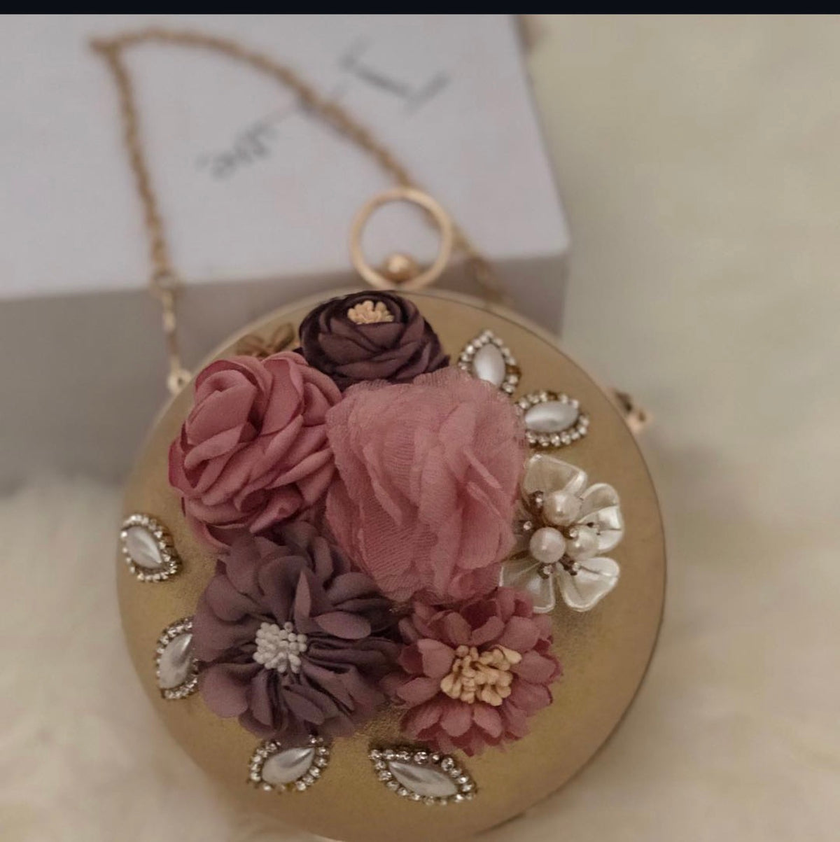 ✨ Gold Floral Embellished Round Clutch