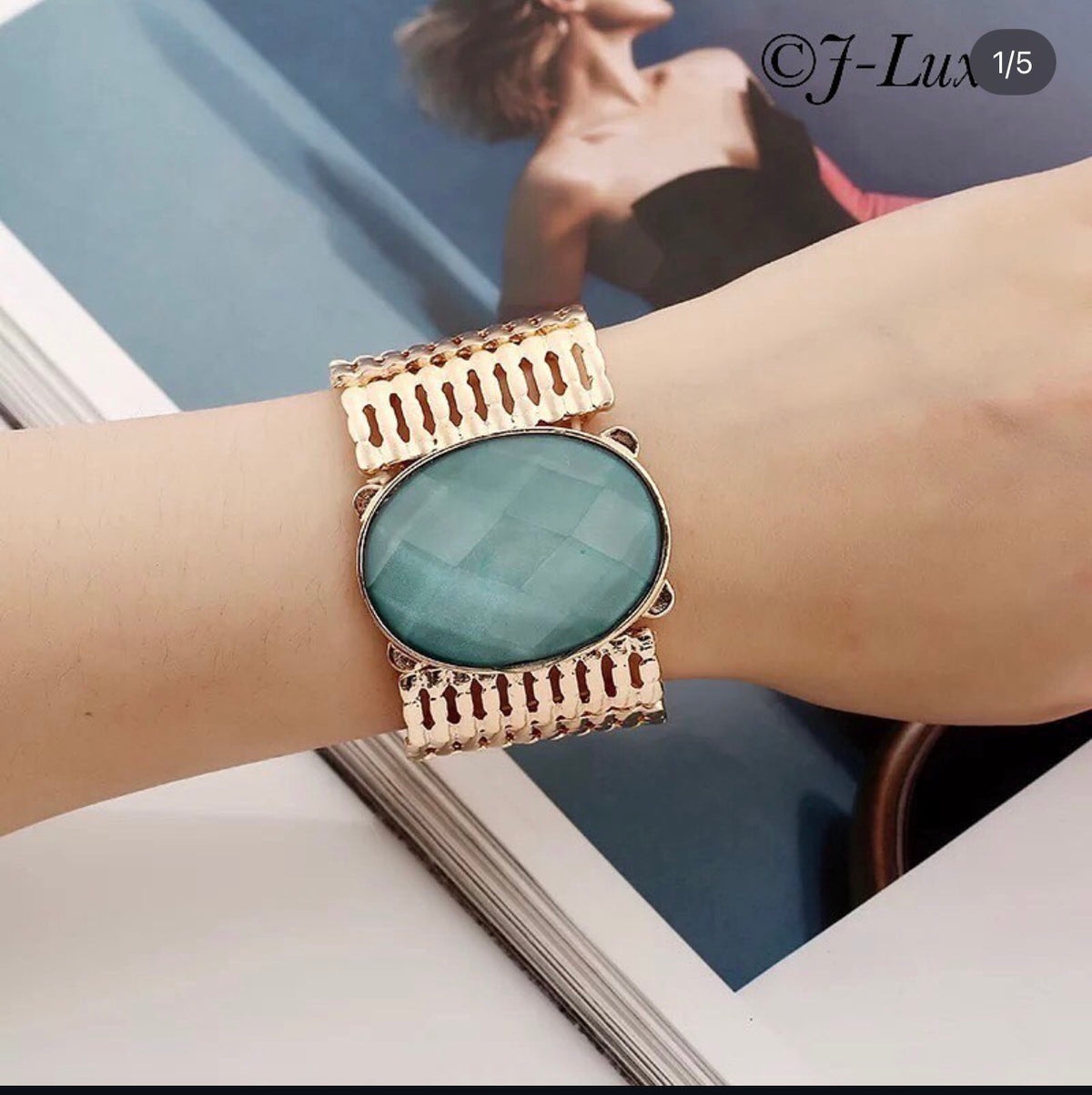 ✨ Gold Aqua Gem Statement Bracelet