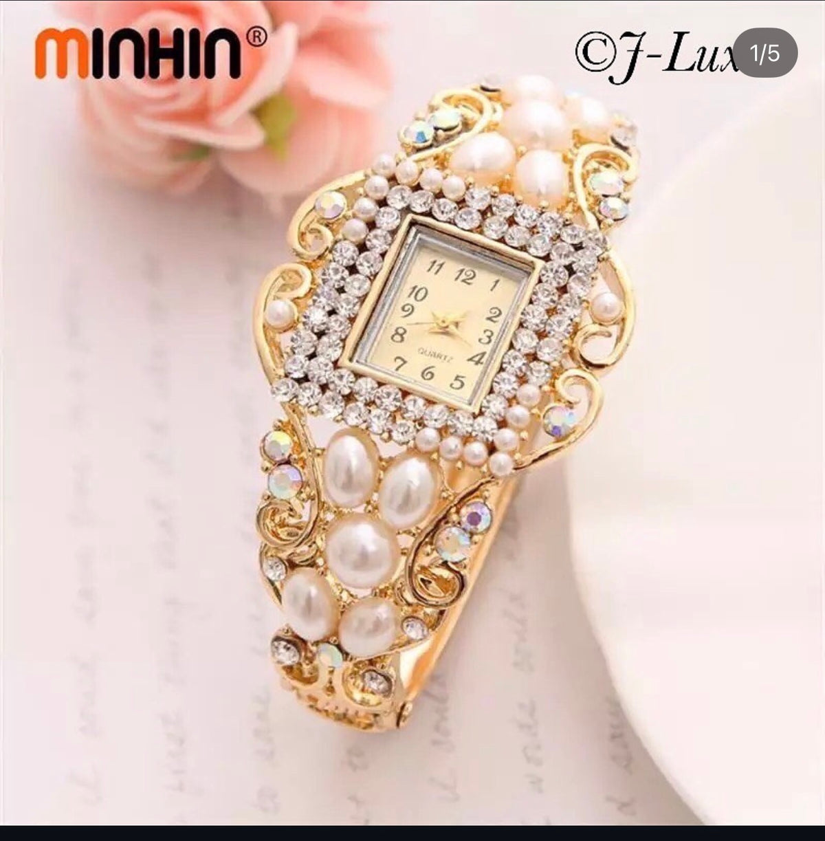 ✨ Pearl & Crystal Gold Bracelet Watch