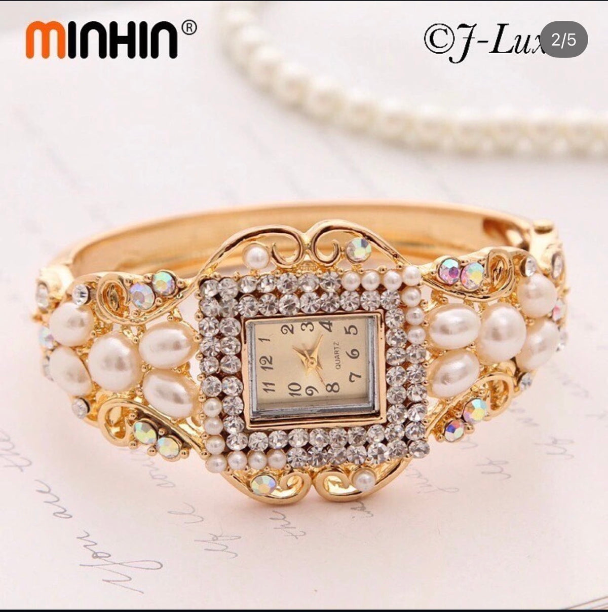 ✨ Pearl & Crystal Gold Bracelet Watch