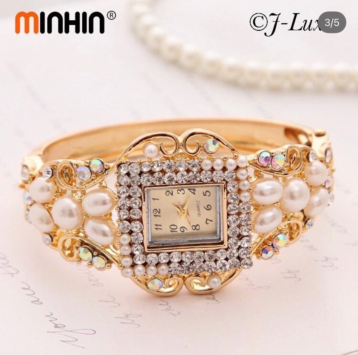 ✨ Pearl & Crystal Gold Bracelet Watch