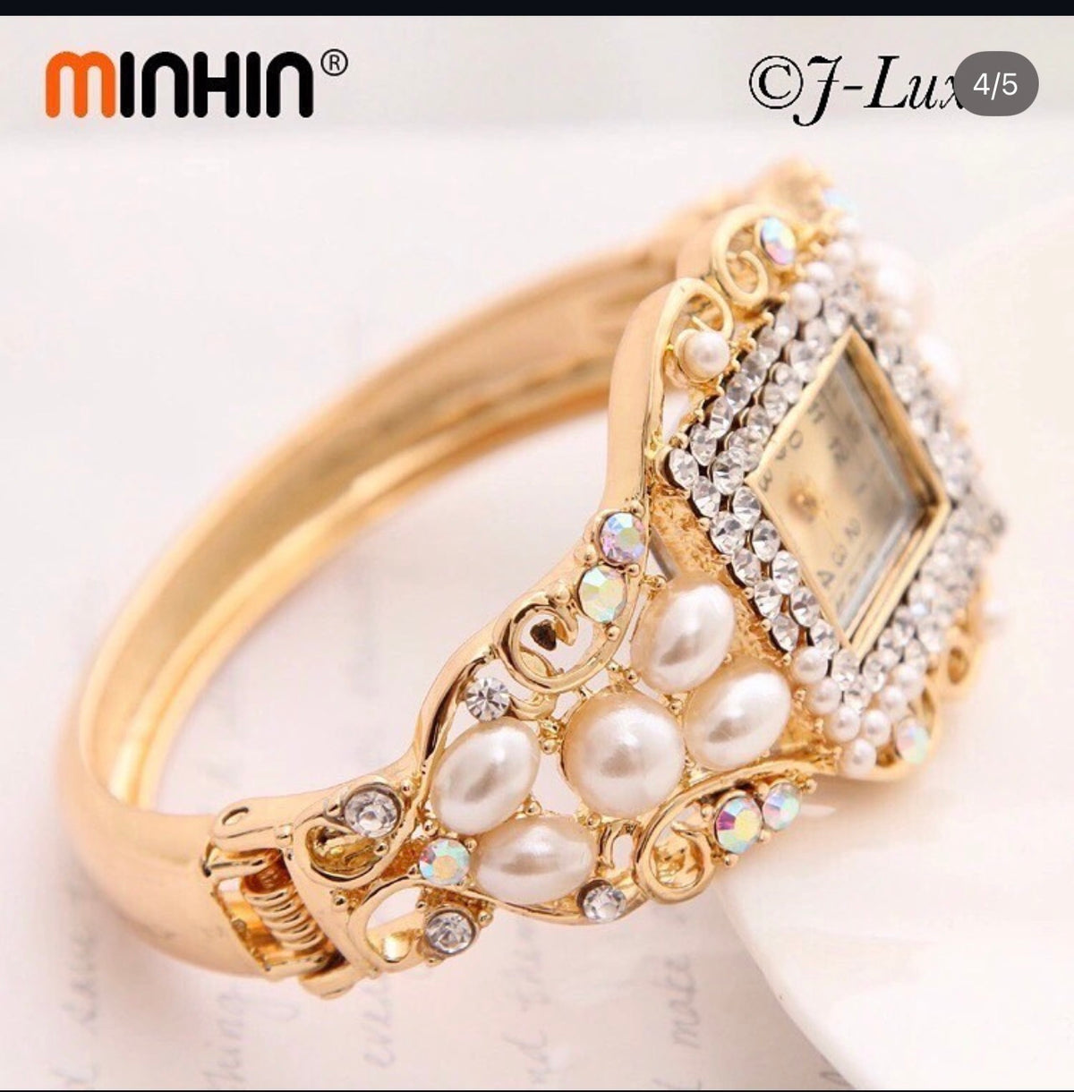 ✨ Pearl & Crystal Gold Bracelet Watch