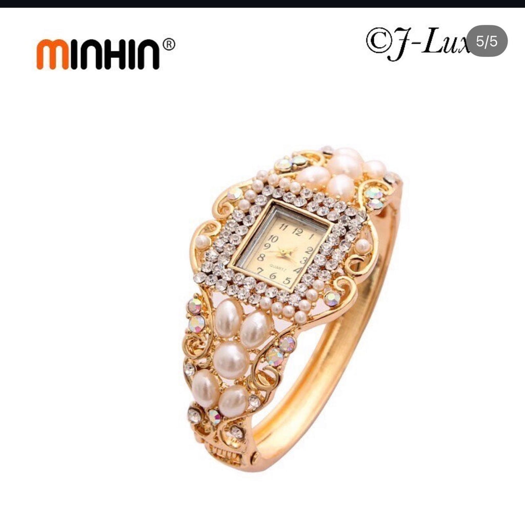 ✨ Pearl & Crystal Gold Bracelet Watch