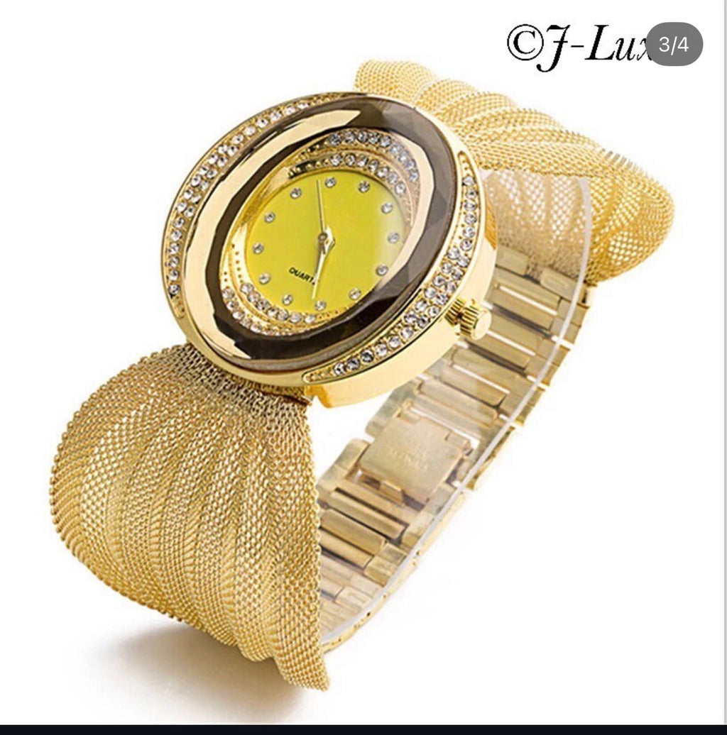 ✨ Gold Mesh Oval Crystal Watch