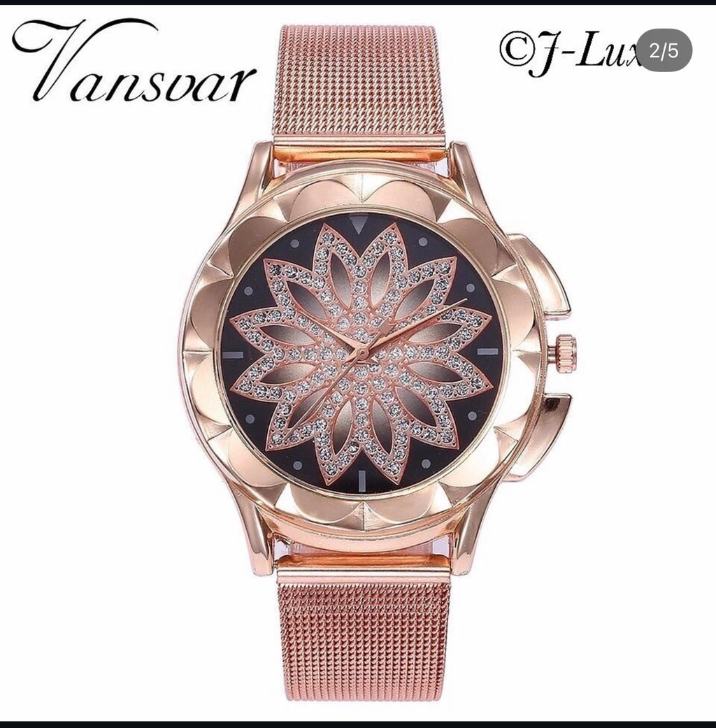 ✨ Rose Gold Floral Crystal Watch