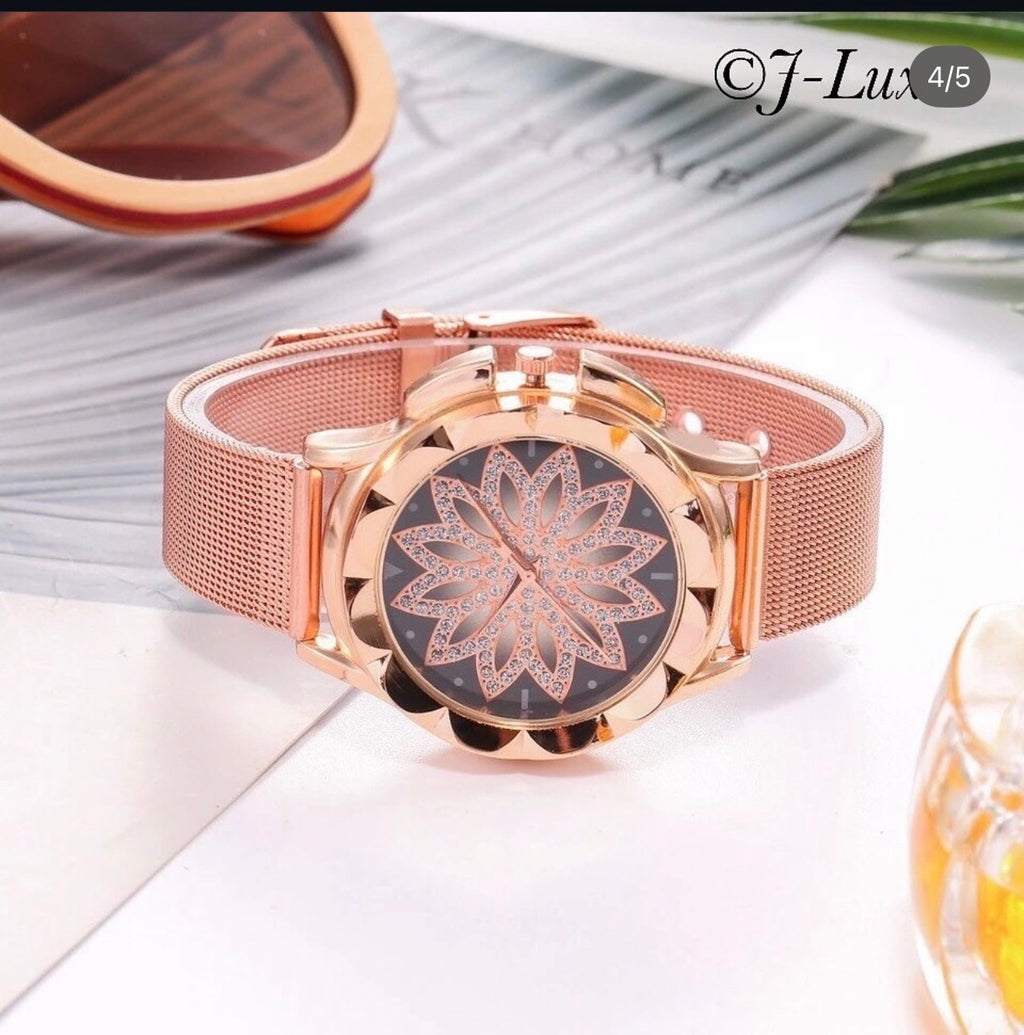 ✨ Rose Gold Floral Crystal Watch